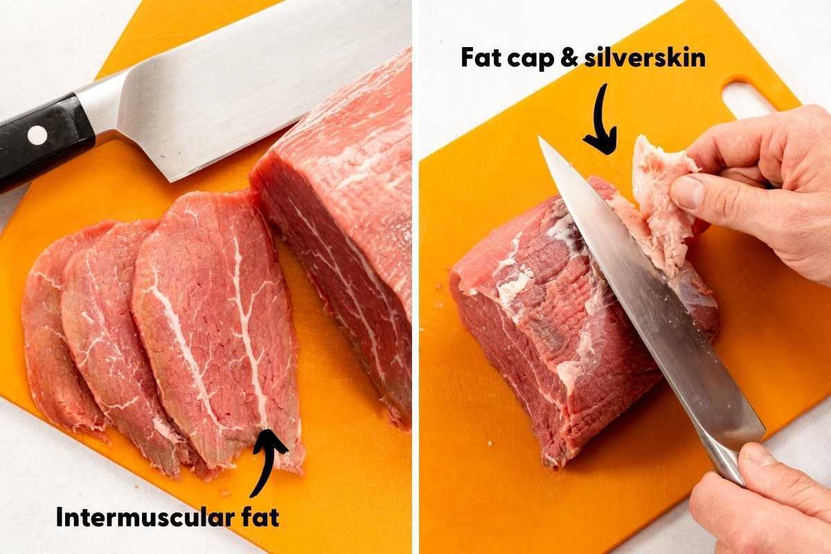 תמונה המציגה שומן תוך שרירי ומכסה שומן/עור כסף על בשר בקר