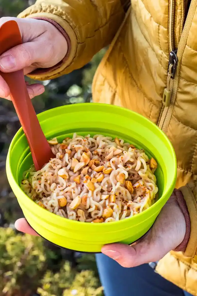   Uma pessoa segurando uma tigela cheia de macarrão com molho de amendoim.
