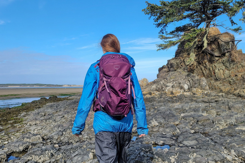  Egy túrázó a Zpacks Vertice kabátot viselő hátizsákkal egy tengerparti túrán