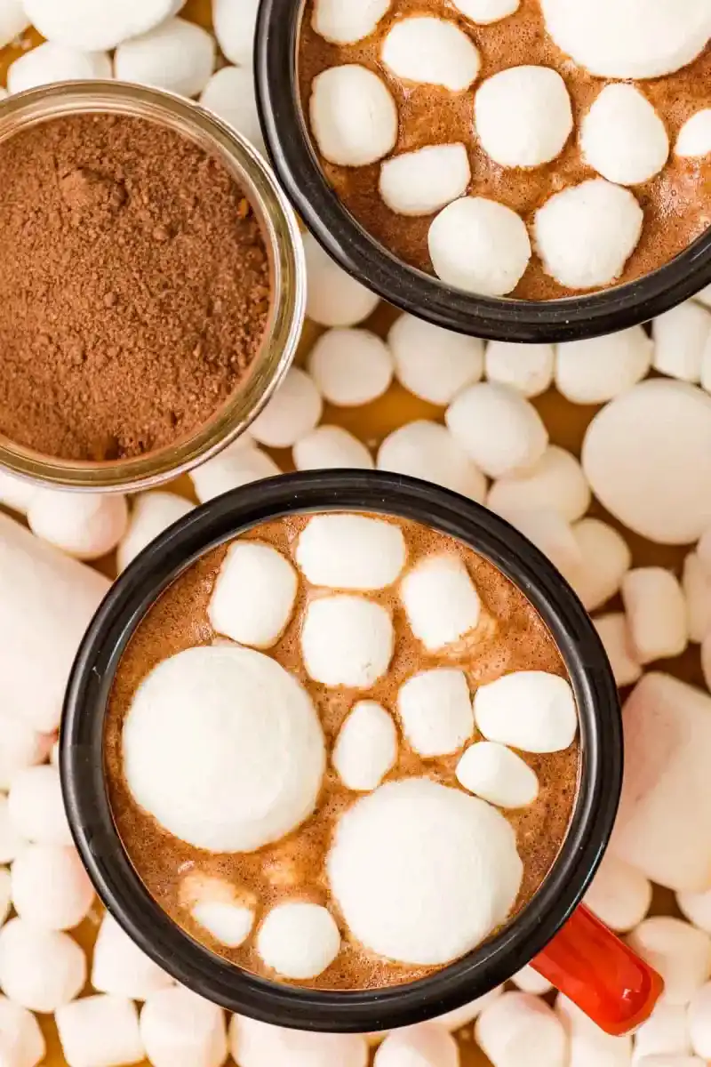   Een close-up van twee mokken warme chocolademelk met marshmallows.
