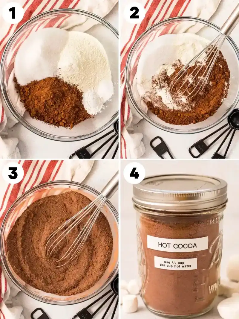  Étapes pour préparer le mélange de chocolat chaud : 1) placer les ingrédients dans un bol, 2) fouetter ensemble les ingrédients jusqu'à ce que 3) soient totalement combinés 4) placer dans un pot et étiqueter.