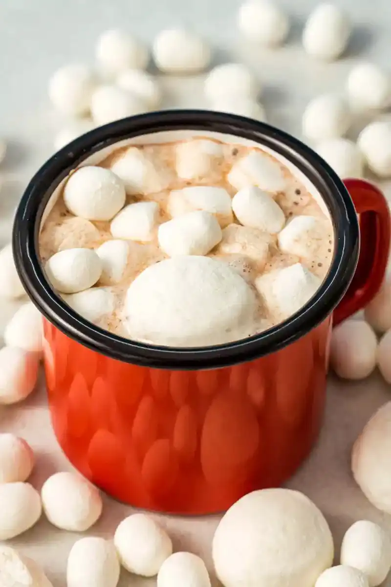   Una tazza rossa piena di cioccolata calda realizzata con una miscela di cioccolata calda fai da te e guarnita con croccanti marshmallow disidratati.