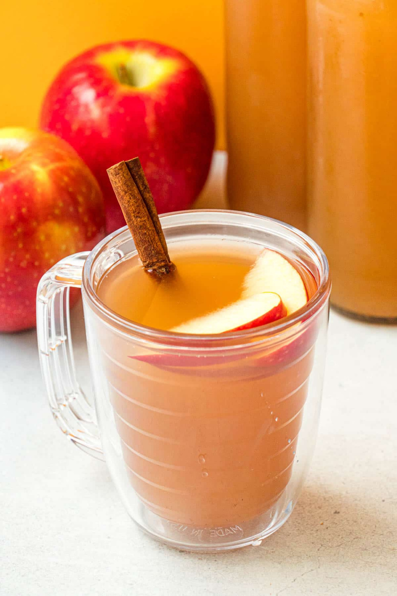   Cidre de pomme fait maison dans une tasse, garni d'un bâton de cannelle.
