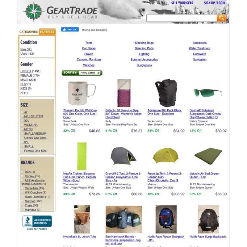 Schermata del sito web di Gear Trade