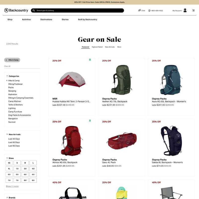Backcountry web sitesinin ekran görüntüsü