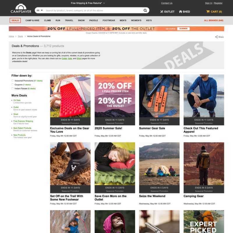 Екранна снимка на уебсайта на Campsaver