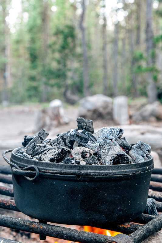 Un four hollandais sur un feu de camp avec des charbons sur le couvercle et des pins en arrière-plan