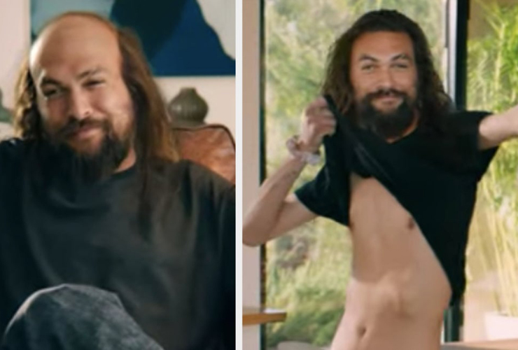Джейсън Момоа, свалящ перуката си в обезпокоителна реклама за супер купа, оставя хората объркани