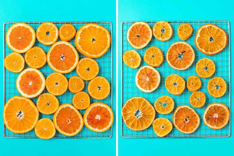   شرائح البرتقال على رفوف معدنية قبل وبعد التجفيف.