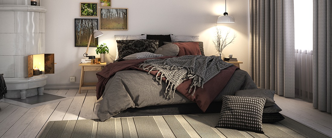 कंबल और कालीन के साथ बेडरूम
