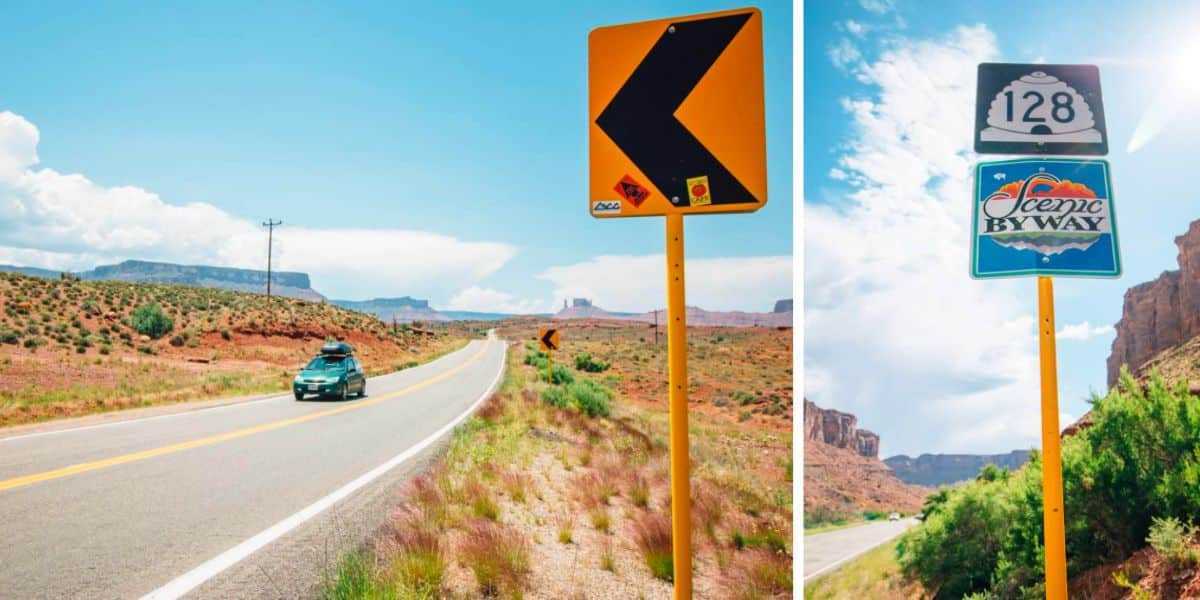 Balra: egy zöld autó egy sivatagi autópályán. Jobbra: táblák a 128 Scenic Byway felé