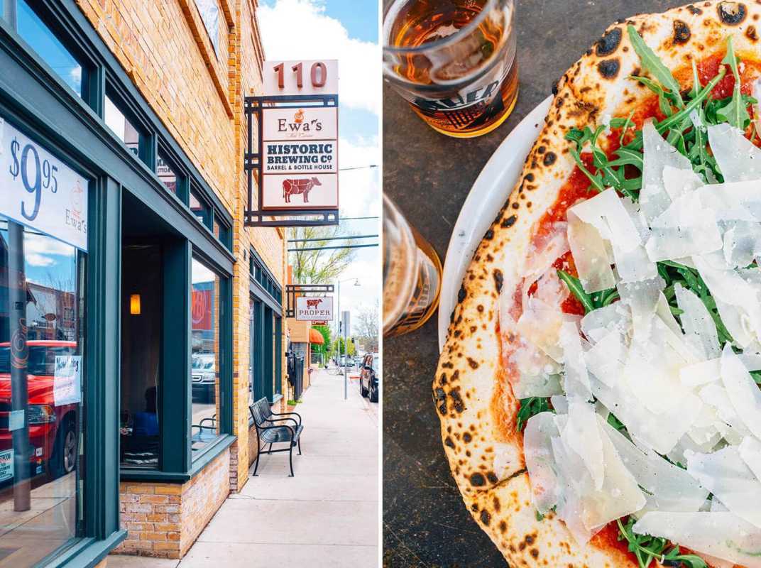 Collage av restauranger och en pizza