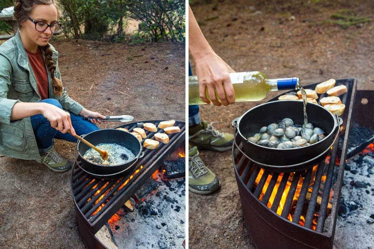 첫 번째 사진은 Megan이 캠프파이어 위에 네덜란드 오븐에서 마늘을 볶는 모습을 보여줍니다. 두 번째 사진은 Megan이 와인병에 담긴 와인을 더치 오븐에 붓는 모습을 보여줍니다.