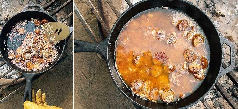 Paella se kuha v litoželezni ponvi nad tabornim ognjem