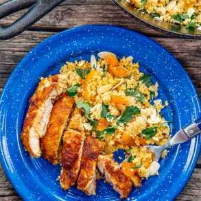 नीली कैंपिंग प्लेट पर मोरक्कन मसालेदार चिकन