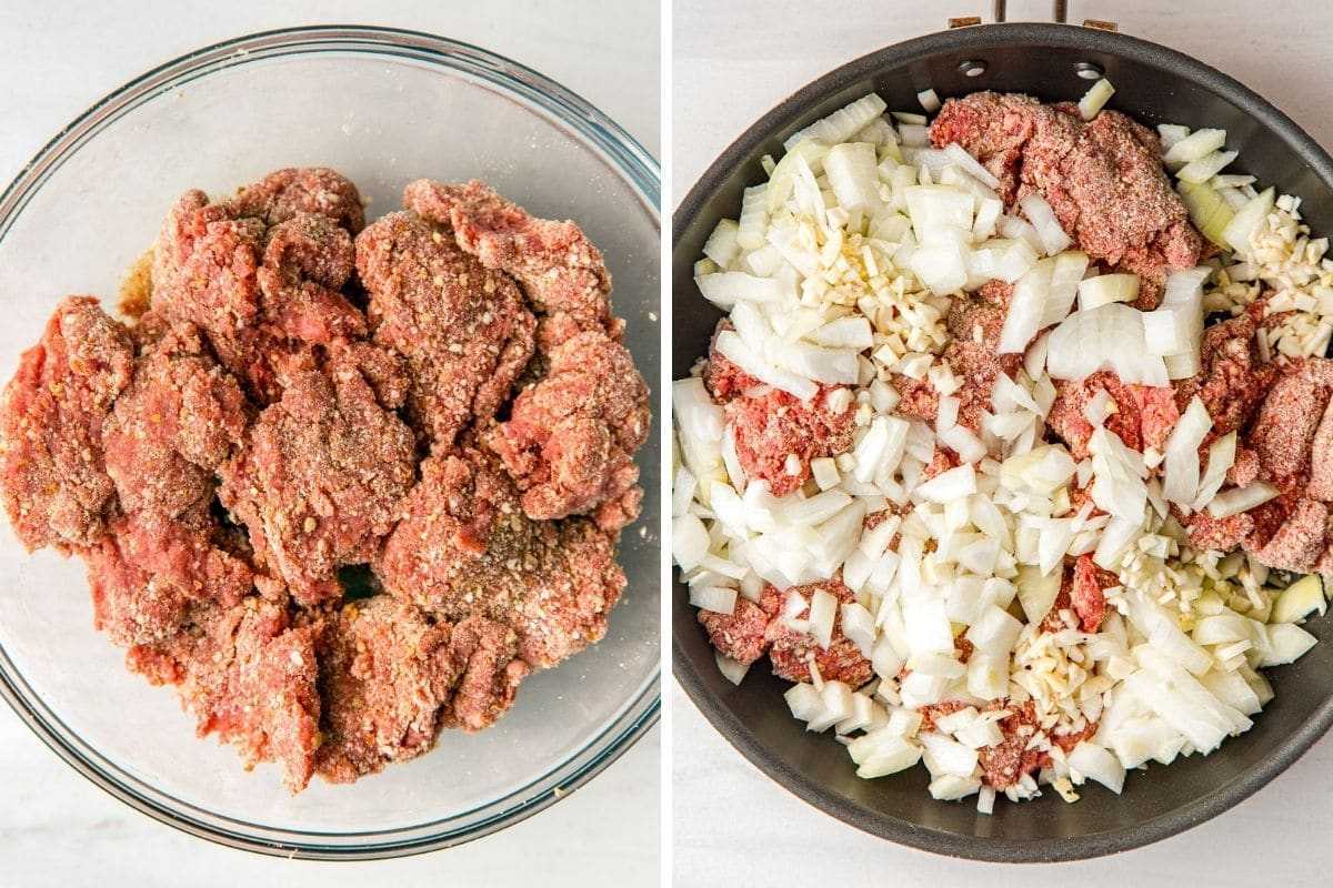 A sinistra: pangrattato mescolato con carne macinata. A destra: carne macinata, cipolla tagliata a dadini e aglio tritato in una padella