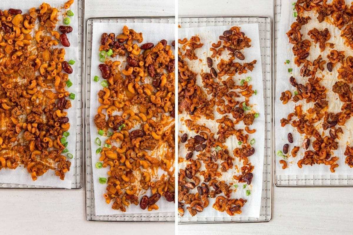 Vasemmalla: Chili mac kuivausalustalla. Oikealla: Chili mac, joka on kuivattu.
