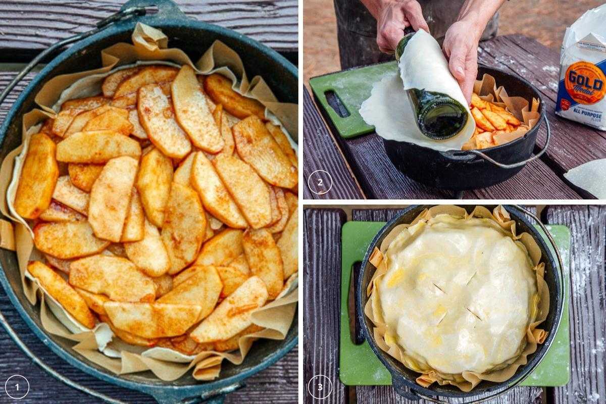 더치 오븐에 담긴 사과 파이 위에 파이 크러스트를 얹어 놓기