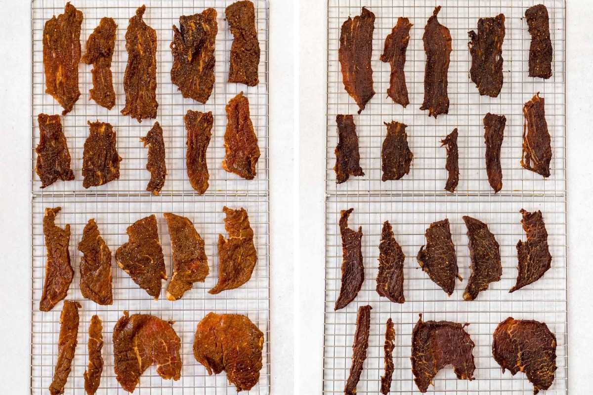 Image divisée montrant la viande saccadée avant et après la déshydratation
