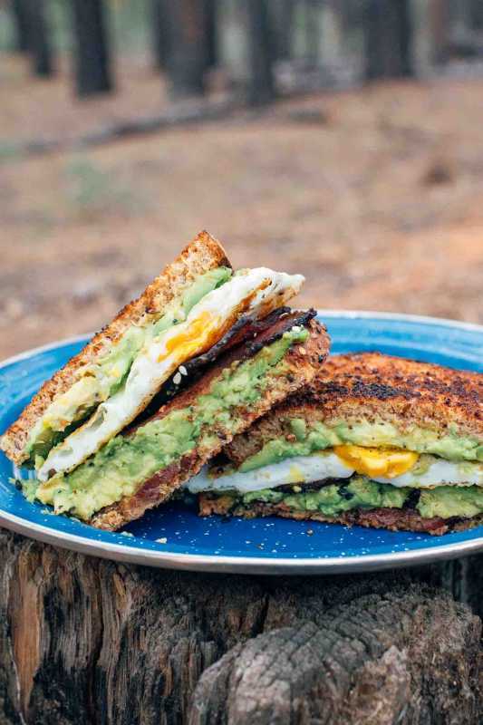 Sandwich de petit-déjeuner avec avocat, œuf et bacon sur une assiette de camping bleue posée sur une souche