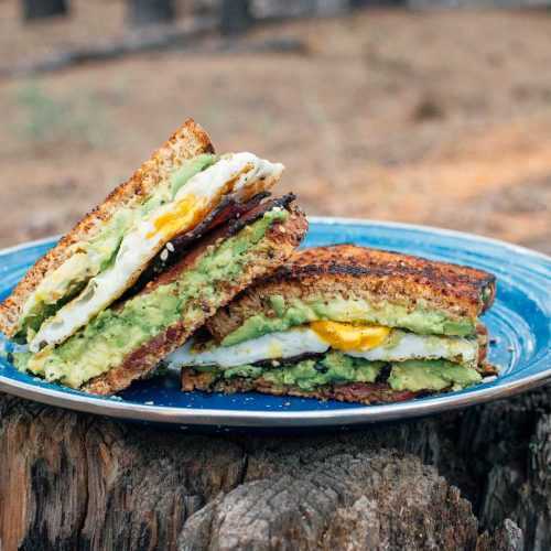 Sándwich de desayuno con aguacate, huevo y tocino en un plato de camping azul colocado sobre un tronco