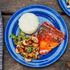 Σολομός, ρύζι και λαχανικά με γλάσο μελιού σε ένα μπλε πιάτο κάμπινγκ.