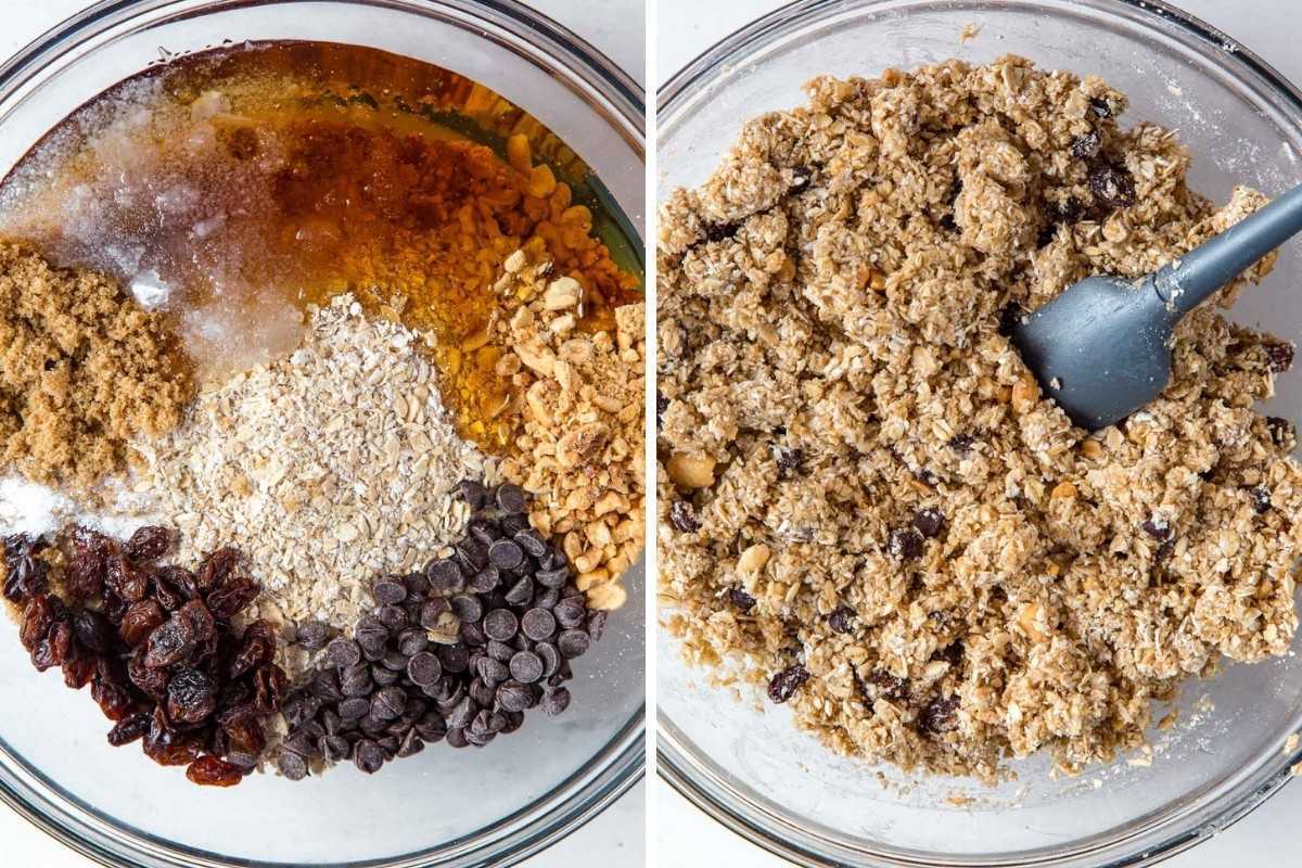 Gambar 1: Bahan granola bar dalam mangkuk pencampur. Gambar 2: Bahan-bahan digabungkan dalam mangkuk.
