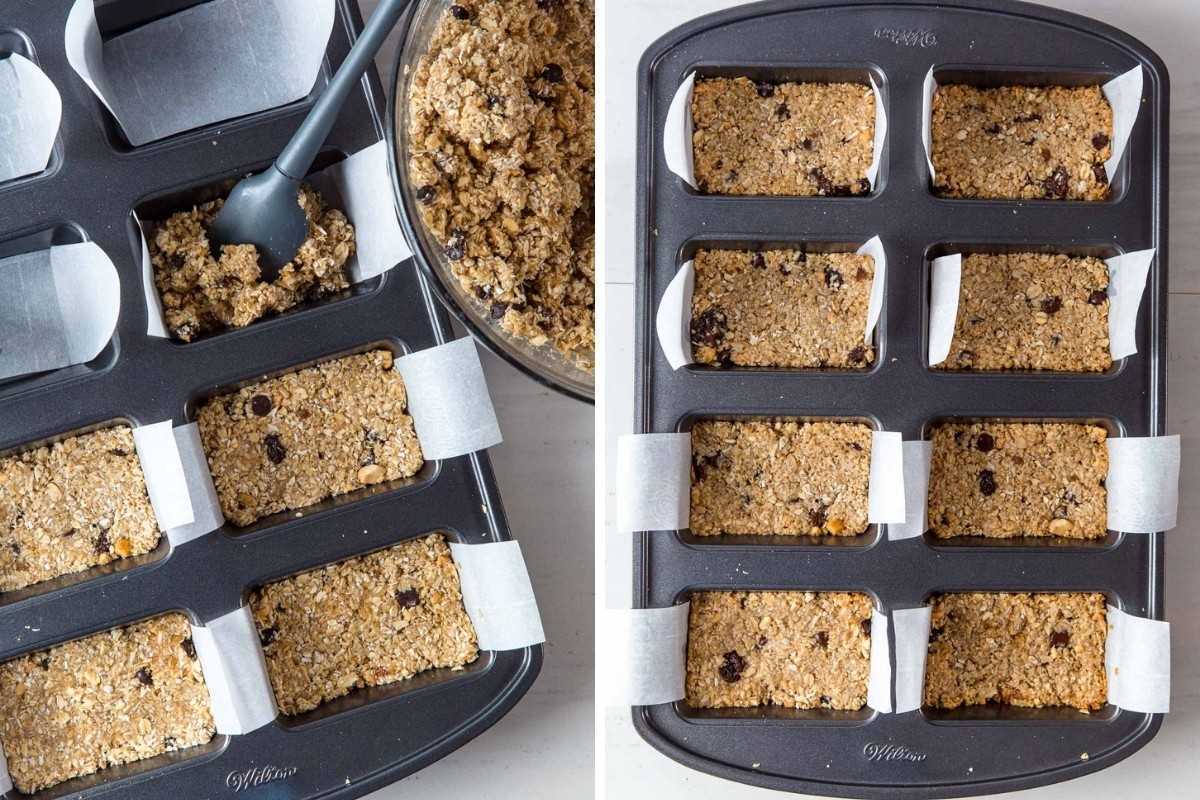 Imagem 1: Enchendo uma mini forma de pão com mistura de barra de granola. Imagem 2: Barras de granola assadas até dourar por cima.