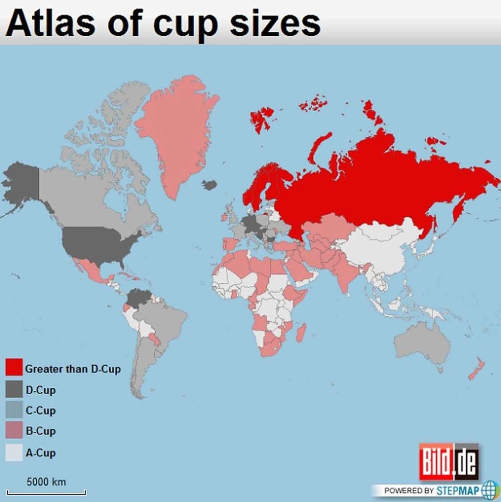 Saskaņā ar šo pasaules krūšu diagrammu krieviem ir vislielākās krūtis, bet ķīniešiem - vismazākās