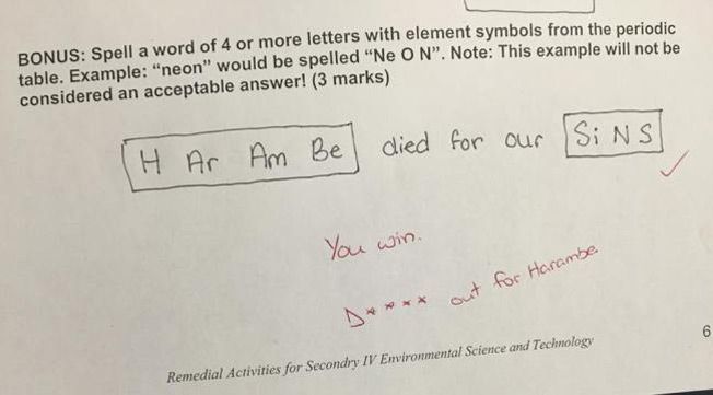 Учителят по наука прави шеги за шегата на Харамбе